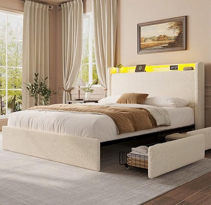 Full LED Bed Frame with 4 Storage Drawers and Storage Headboard, Soft Boucle Upholstered Platform Bed Frame with Charging Station and USB Ports, Solid Wood Slats Support, No Box Spring Needed, Cream