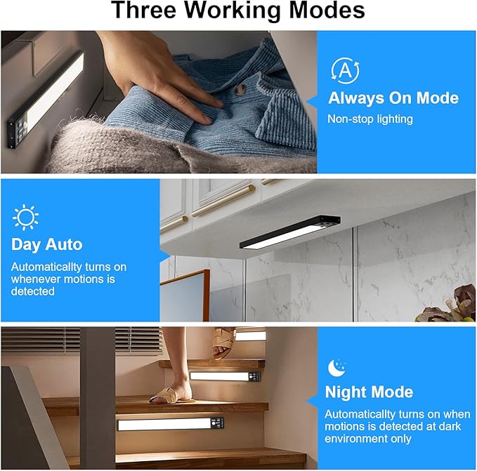 YELKO Motion Sensor Cabinet Lights, 3200mAh Battery Operated Closet Light, Portable Rechargeable Motion Lights, 3 Colors, 5 Brightness Adjustable Motion Lamp for Kitchen Wardrobe Cupboard(Two Pack)