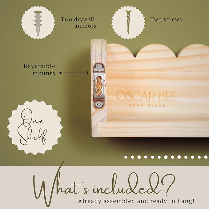 Scalloped Pine Bookshelf for Kids | Preassembled Montessori Wall Shelf | Drop-Resistant, Easy Install, 34" Wide, Nursery & Toddler Room Organizer