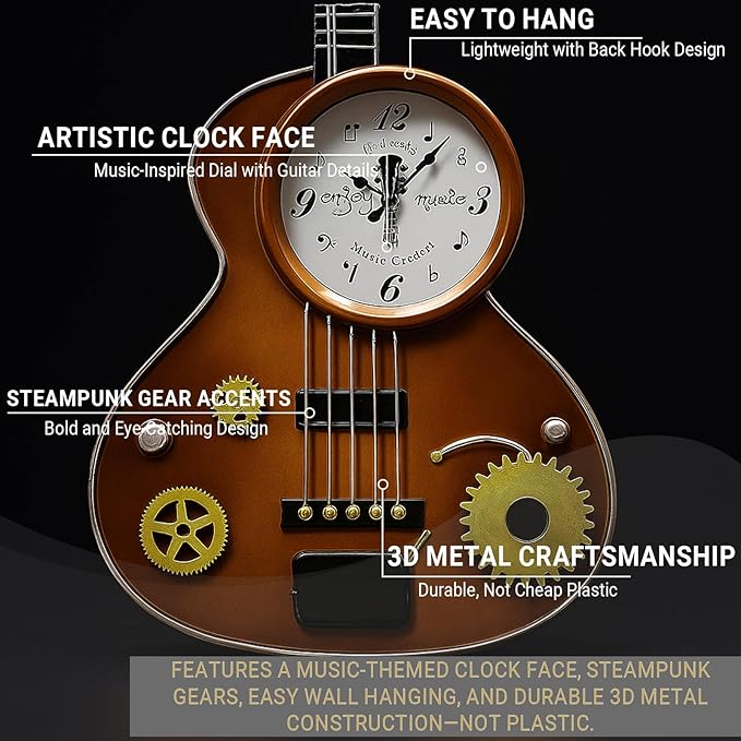 Guitar Wall Clock – Retro Brown Metal Guitar-Shaped Clock with Gears, Silent Non-Ticking, Music Room Decor for Musicians, Music Lovers, Men, Teens, 16"
