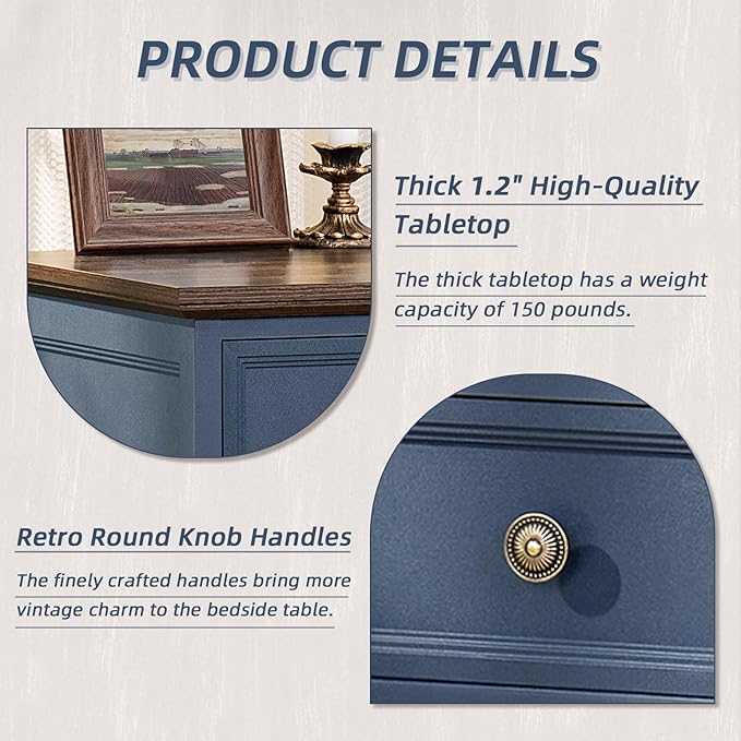 24" Wide Farmhouse Night Stand,Large End Table with 3 Drawers & Metal Handle,Navy Blue Dresser for Bedroom, Wood Bed Side Table Chest of Drawers, Nightstand Cabinet for Living Room,Closet
