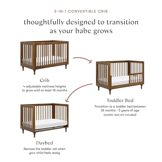 babyletto Lolly 3-in-1 Convertible Baby Crib - GREENGUARD Gold Certified Convertible Crib to Toddler Bed & Daybed - Wooden Baby Bed with 4 Adjustable Mattress Heights - Easy Assembly - Natural Walnut