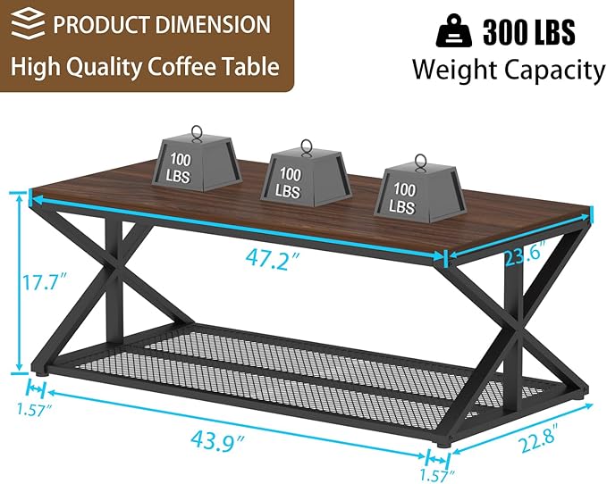 IBF Walnut Coffee Table with Storage, Industrial Wood Metal Rectangle Living Room Table, Vintage 2 Tier Middle Center Table with Mesh Shelf, Walnut, 47 inch