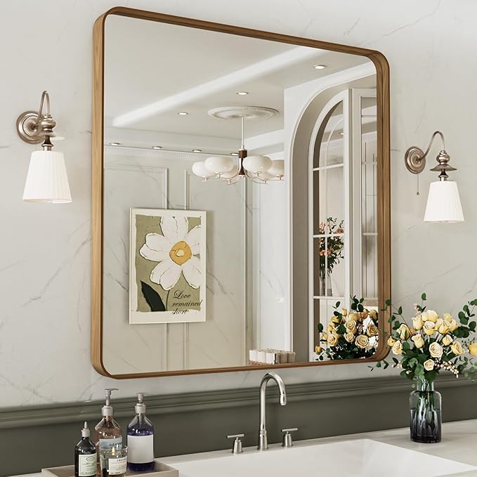 LOAAO 38X38 Inch Bathroom Mirror with Wood Grain Colored Metal Frame, Rounded Rectangle Metal Framed Bathroom Mirror, Anti-Rust, Hangs Horizontally or Vertically, Tempered Glass