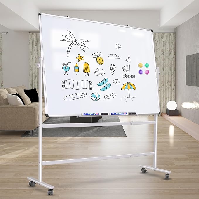 Large Rolling White Board 48x36 in, Dry Erase Board with Stand, Double-Sided Magnetic Mobile Whiteboard, Height-Adjustable for Office Classroom and Home