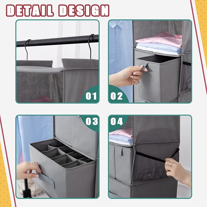 6-Shelves Hanging Closet Organizer with 5 Different Drawers, Foldable Closet Organizers and Storage for Wardrobe, Closet& RV, Clothes and Accessories Storage, Non-woven fabric, Gray