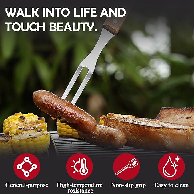 Heavy-Duty Grill Accessories BBQ Tool Sets Multi Functional Spatula with Knife Edge, Fork,Tongs, Bottle Opener Ash Wood Handle & Thick Stainless Steel Essential Accessories for Barbecue & Grill