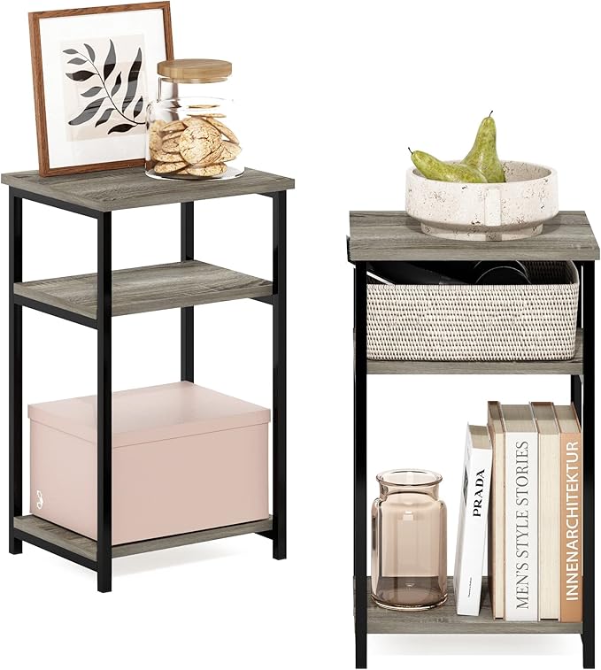 Furinno Just 3-Tier Metal Frame End Table with Storage Shelves, 2-Pack, French Oak