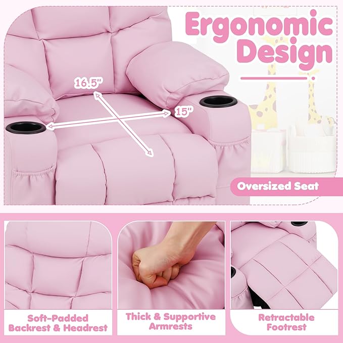 GLACER Kids Recliner Chair w/Cup Holder & Side Pockets, Children Recliner w/Comfortable Backrest, Armrests & Footrest, Toddler PU Leather Recliner for Boys Girls, 3+ Age Group (Pink)