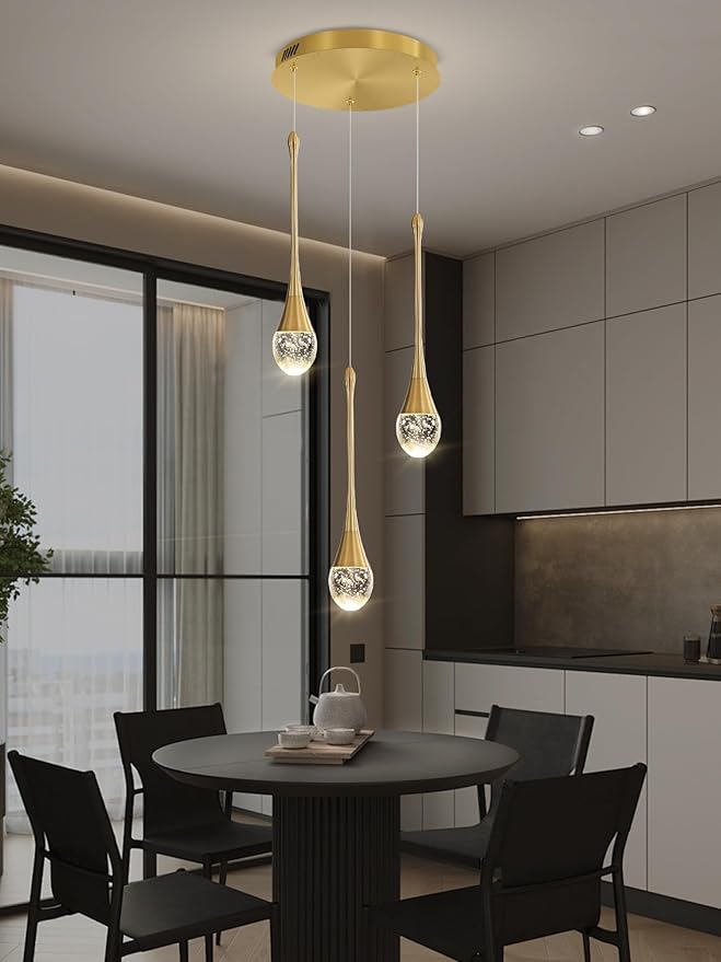 3-Light Gold Chandelier with Dimmable Ceiling Light Crystal Pendant Light for Kitchen Island, Dining Room, Living Room, Entry Hallway