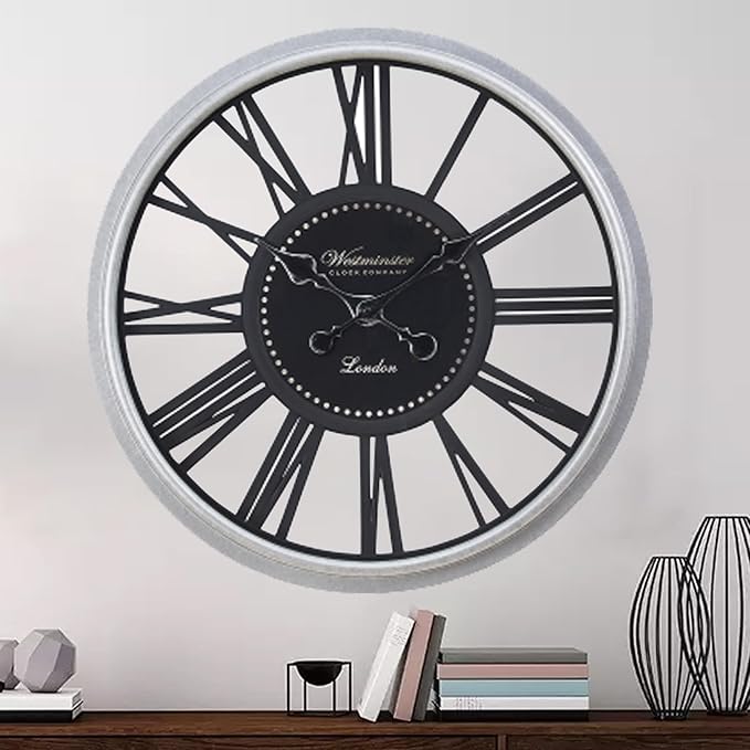 16 Inch Retro Black Wall Clock, Silent Non-Ticking Battery Operated Round Vintage Clock with Roman Numerals,Decorative Living Room, Kitchen, Bedroom Decor