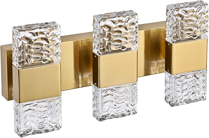 MELUCEE LED Bathroom Vanity Light 24W, 3-Light Modern LED Vanity Light Bar with Crystal Column Brass Bathroom Lights Over Mirror Crystal Wall Sconce Restroom Lighting Fixtures, 3000K Warm Lighting
