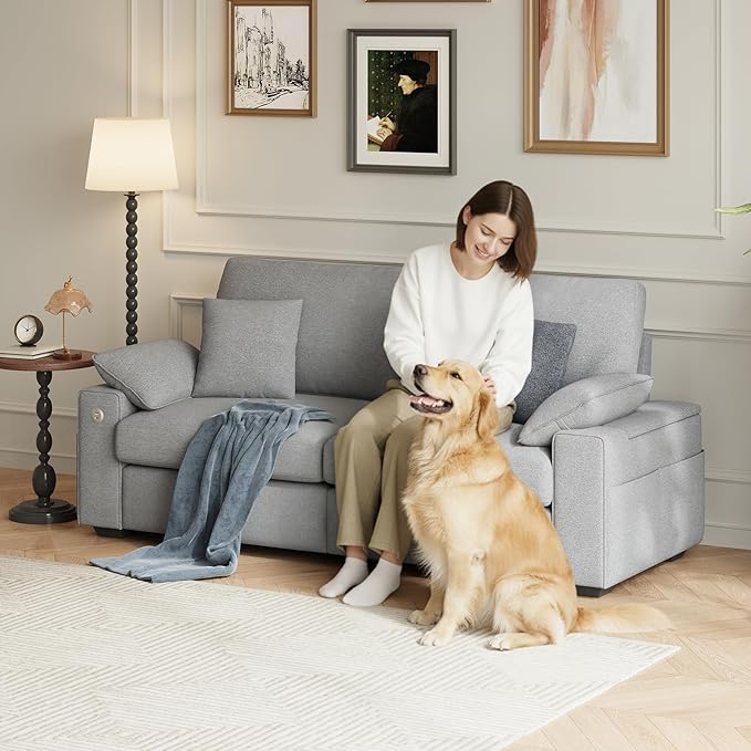 76" Loveseat Sofa, Cloud Foam Couch, 3 Seater Upholstered Midcentury Mondern Love Seat with USB Type C Ports, 4 Pillows and Flip-Open Storage Armrest for Living Room/Small Spaces, Grey