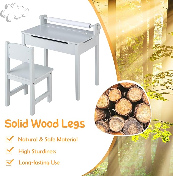 Costzon Kids Table and Chair Set, Flip Top Kids Art Craft Table w/Chair for Playroom Kindergarten, Toddler Drawing Writing Desk Set w/Paper Roll & 2 Markers, Gift for Boys Girls Ages 3+ (Gray)