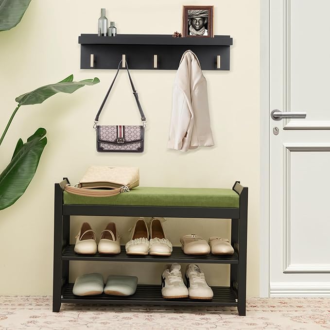 Shoe Rack for Front Door Entrance, 28” Entryway Bench with Coat Rack, Hall Tree Shoe Bench with Storage for Entry, Hallway, Bedroom, Living Room