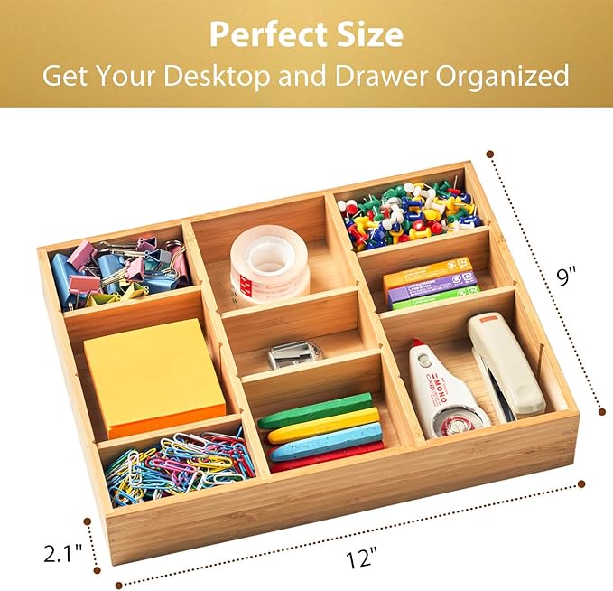Umilife Desk Drawer Organizer, Bamboo Wood Organizer Tray with Adjustable Compartments, Office Desk Accessories Supplies Organization Storage, 12" x 9"