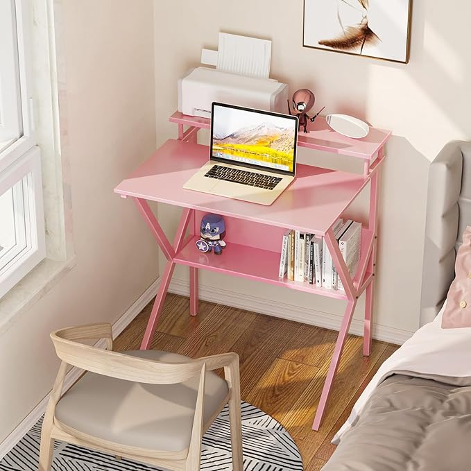ODK Small Desk, 27.5 Inch Computer Desk for Small Spaces, Compact Desk with Storage, Study Table with Monitor Stand for Home Office, Pink