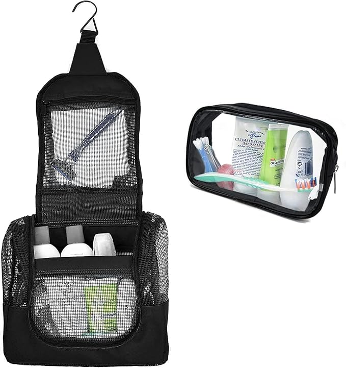 The Fine Living Co. Portable Hanging Shower Caddy Organizer Bag (Free Toiletries Case+Metal Hook) Quick Dry Mesh Shower Caddy Tote Bag Pouch For Bathroom College Dorm Camp Gym Camping 10”x4”x8”(Black)