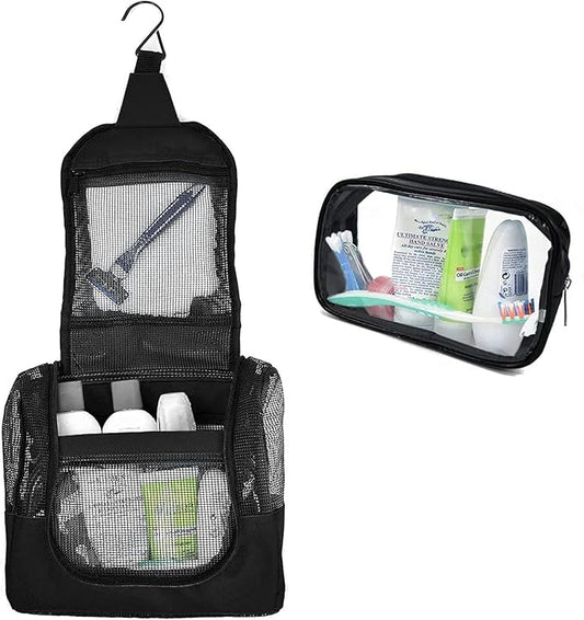 The Fine Living Co. Portable Hanging Shower Caddy Organizer Bag (Free Toiletries Case+Metal Hook) Quick Dry Mesh Shower Caddy Tote Bag Pouch For Bathroom College Dorm Camp Gym Camping 10”x4”x8”(Black)