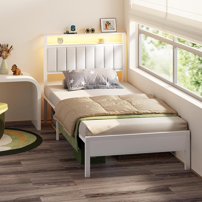 Furnulem Twin Size Bed Frame with Charging Station & LED Lights, Modern Platform Bed with 2-Tier Storage Shelves, White PU Leather Upholstered Headboard, No Box Spring Needed, Metal Slats Support