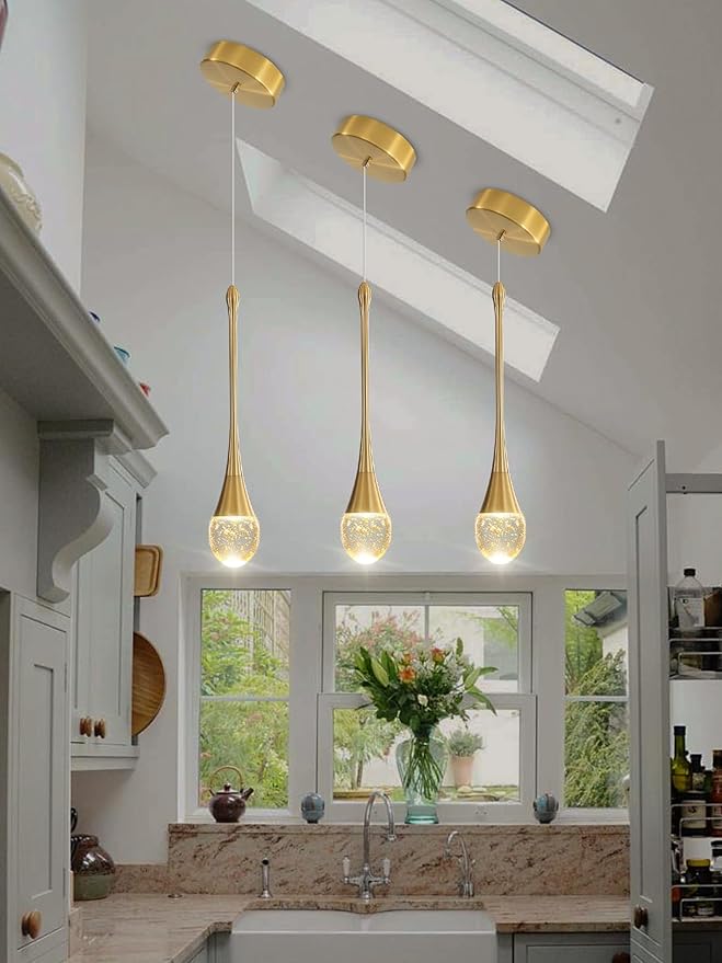 Single Head Gold Bubble Crystal Chandelier Modern LED Pendant Lights for Kitchen Island Dimmable 3000-6000k(3 Independence Light)…