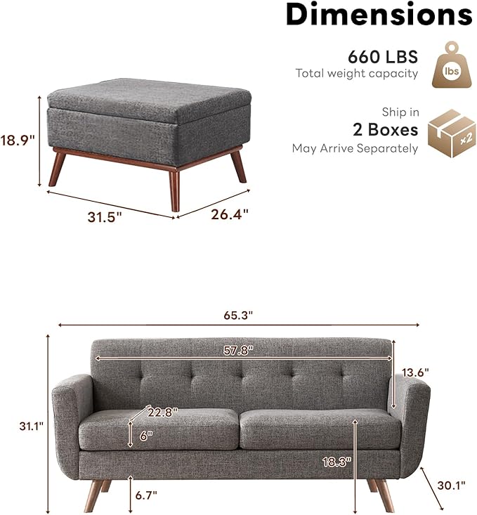 Tbfit 65" W Loveseat Sofa with Ottoman Coffee Table, Mid Century Modern Love Seat Couches for Living Room, Button Tufted Upholstered Small Couch for Bedroom,Easy to Install Love Seats Furniture, Gray