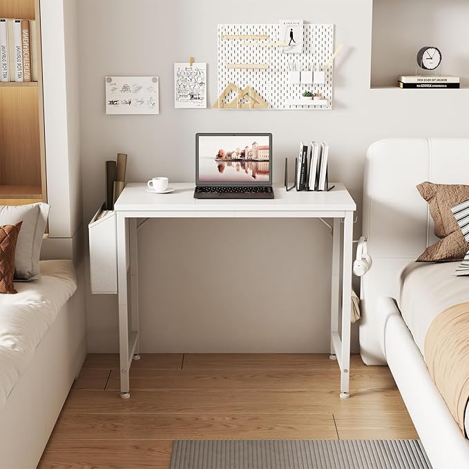 Lufeiya Small White Desk for Small Spaces, 32 Inch Kids Girls Study Writing Desks for Bedroom, Simple Modern Laptop PC Little Side Table with Storage Bag Headphone Hook, White