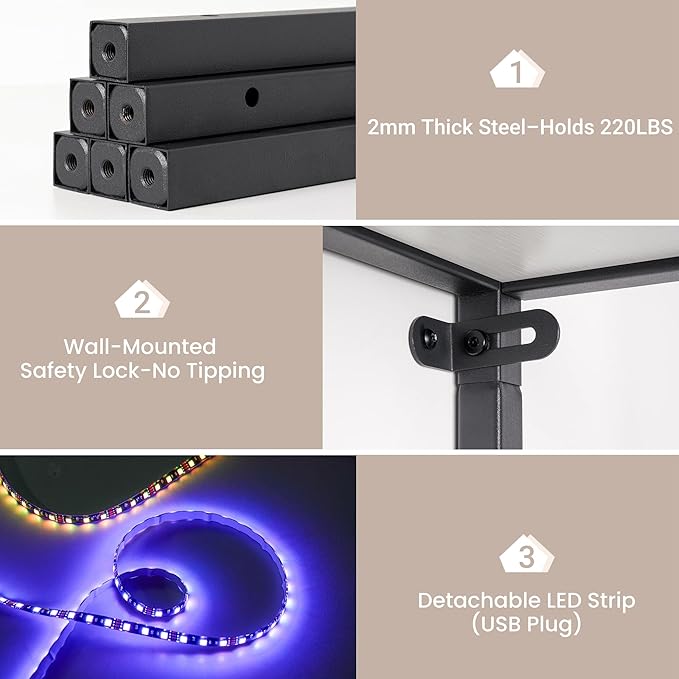 70 Inch Corner Shelf with LED Lights, 5-Tier Corner Bookshelf for Small Spaces, Wood & Metal Storage Rack for Bedroom, Living Room, Office - Modern Space Saving Design- White