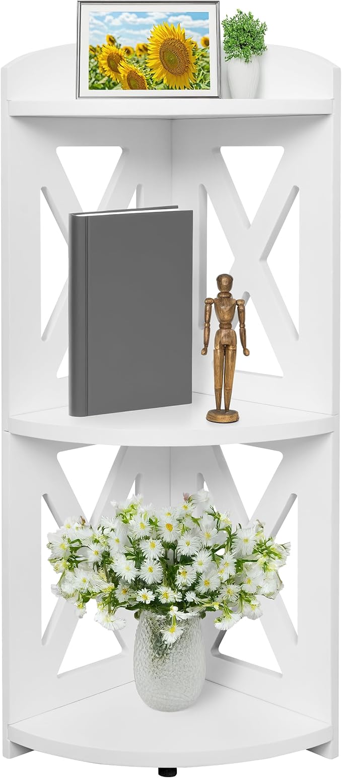 Corner Shelf Stand, Corner Bookshelf, Small Corner Shelves by Natural Wood, Plant Stand, Corner Bookcase for Living Room, Home Office, Bedroom, (White, 3 Tier X)