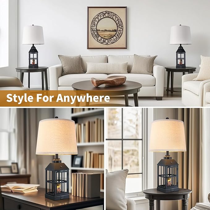 25" Farmhouse Table Lamp for Living Room, Black Lamp with USB Port and Nightlight, Rustic Table Lamp for Bedroom, Bedside Lamp for Nightstand, End Table, Home, Office, LED Bulb Included
