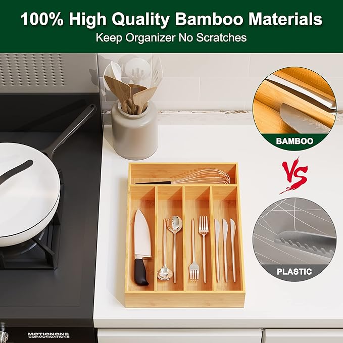 Bellsal Utensil Organizer 10 Inch Silverware Tray for Drawer Utensil Holder Cutlery Organizer Kitchen Drawer Organizer 5 Compartment Small Narrow Bamboo