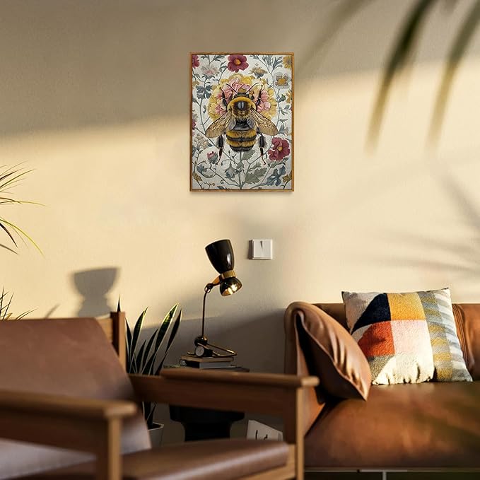 Djmwtb Vintage Framed Wall Art Bee Canvas Wall Art Prints Botanical Flower Painting Nature Pictures Artwork for Bedroom Living Room Office 12x16in