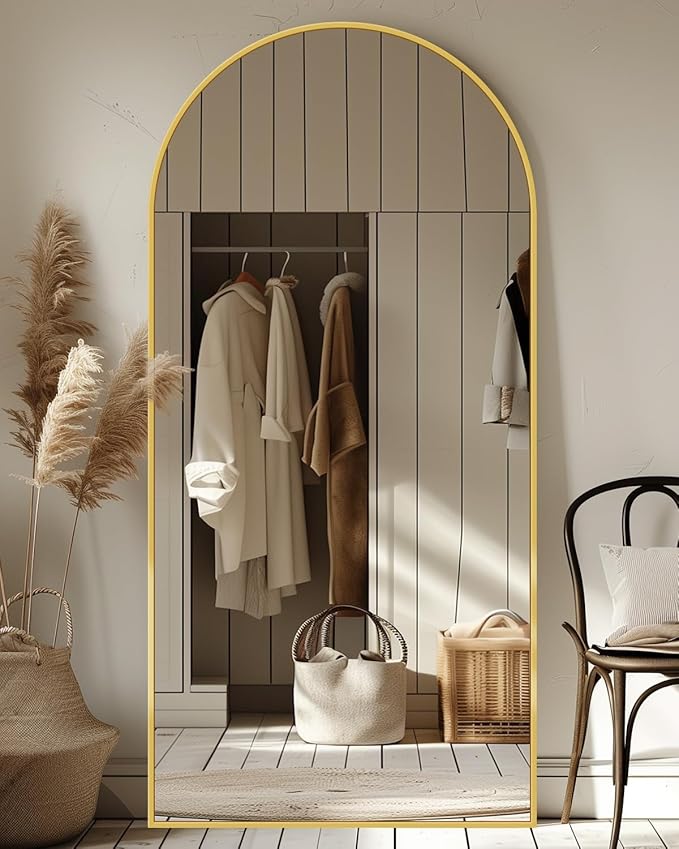 Antok Full Length Mirror, 71"x32" Floor Mirror with Stand, Hanging Mounted Mirrors for Bedroom, Living Room, Cloakroom, Dining Room, Gold, Arched