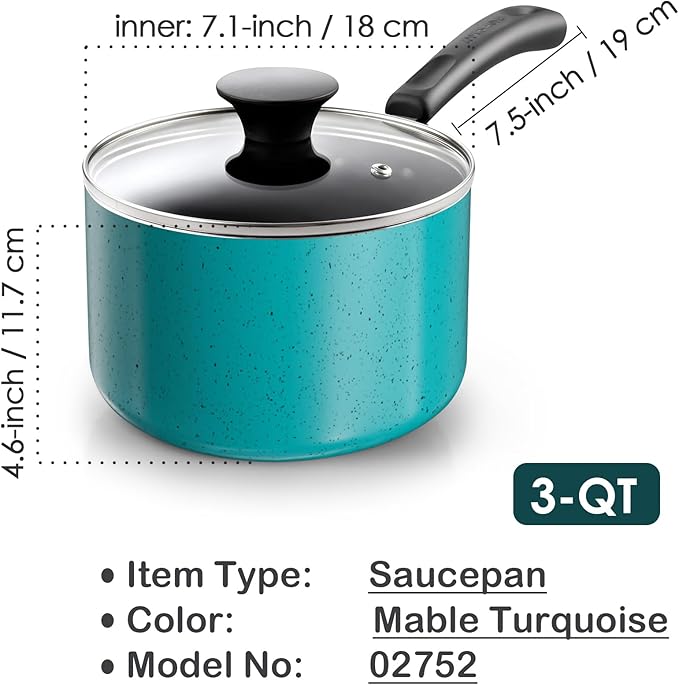 Cook N Home Non Stick Sauce Pan, 3 Quarts Saucepan with Glass Lid, Nonstick Small Multi-purpose Pot, Milk Chocolate Aluminum Cooking Pot Pan with Stay-Cool Handle, Turquoise