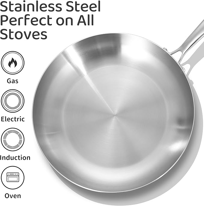 LOLYKITCH 8.5-10-12 Inch Tri-Ply Stainless Steel Frying Pan Set with Lids,Skillets,Induction Cooking Pans,Dishwasher and Oven Safe,Detachable Handle
