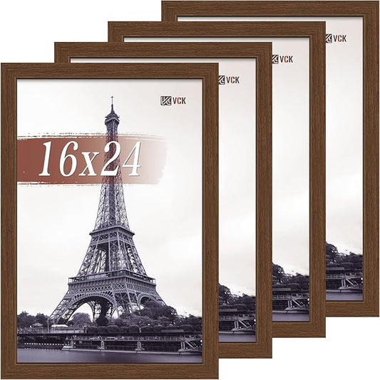 VCK 16x24 Poster Frame Set of 4 - Brown, Gallery-Quality Wood Picture Frames, 1.1-Inch Wide Border, Polished Plexiglass, Vertical or Horizontal Wall Display for Photo/Art/Prints, Brown