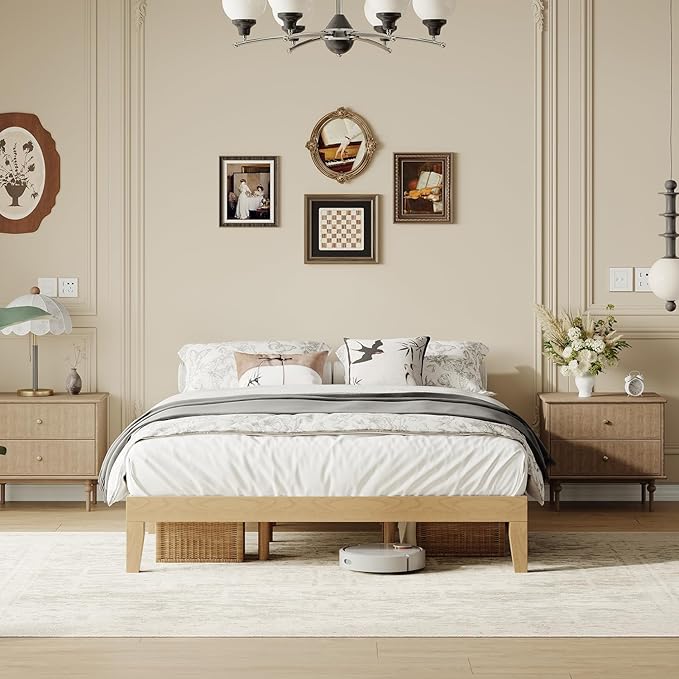 Queen Size Wood Platform Bed Frame, 12 Inch Solid Wood Bed Frame with Wooden Slats, No Box Spring Needed, Easy Assembly, Rustic Pine