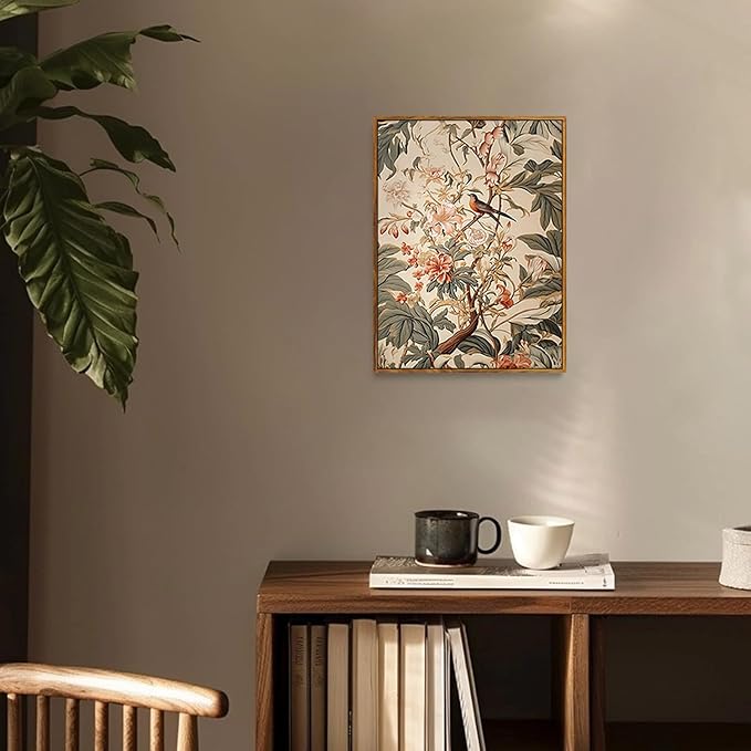 Djmwtb Framed Vintage Wall Art, Botanical Flower Wall Art,Birds Pictures Wall Decor,Nature Paintings Canvas Artwork Prints for Bedroom, Living Room 16x24in