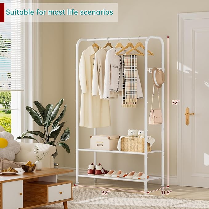 SINGAYE Clothing Racks Portable for Hanging Clothes Garment Rack Heavy Duty Clothes Rack Storage Coat Hanger Stand Portable Closet to Hang with Shelves Wardrobe Standing Organizer Drying White
