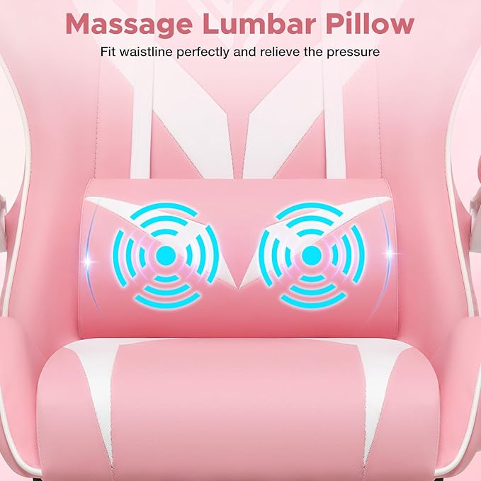 HOFFREE Pink Gaming Chair for Girls with Massage Computer Gamer Chair with Footrest and Lumbar Support Reclining PC Game Chair with Headrest for Gaming Room