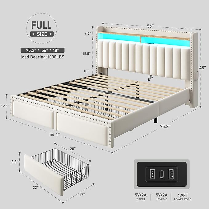 EnHomee Full Size Bed Frame with 2-Tier Storage Headboard & Charging Station, LED Platform Bed Frame with 2 Storage Drawers, Sturdy Wooden Slats Support, Noise-Free, No Box Spring Needed, Beige