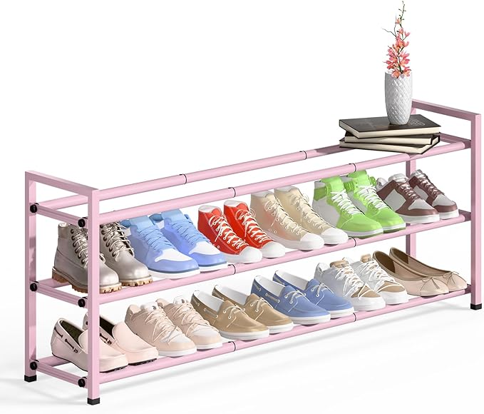Bumusty 3-Tier Long Expandable Shoe Rack for Closet, 18"-44" Adjustable Shoe Rack for Entryway, 15-18 Pairs Large Shoe Organizer Shelf Storage, Sturdy Metal, Pink