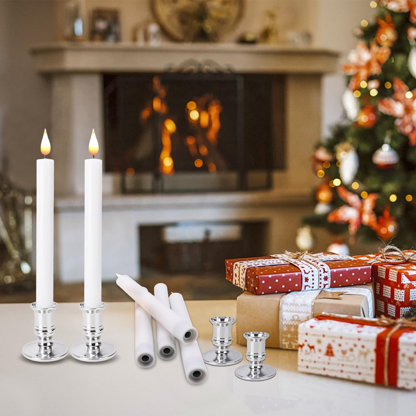 LED Flameless Window Candles with Remote Timer Sliver Base 10 PCS Battery Operated Flickering Taper Candle Lights with Removable Candle Holders Best Gift for Xmas Wedding Home Dinner Décor