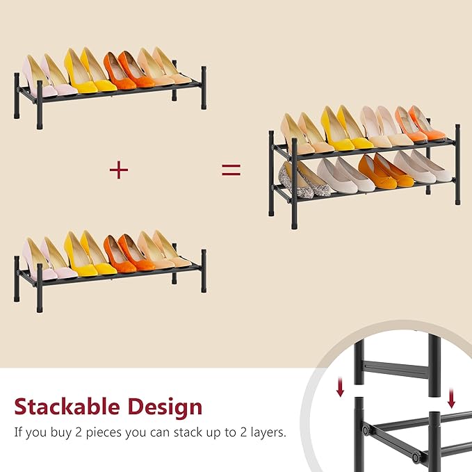 Tajsoon Expandable Shoe Rack for Closet 1 Tier, 28“-41“Adjustable & Stackable Shoe Shelf Storage, Metal Shoe Rack Organizer for Front Door Entrance, Closet, Garage, Entryway, Black