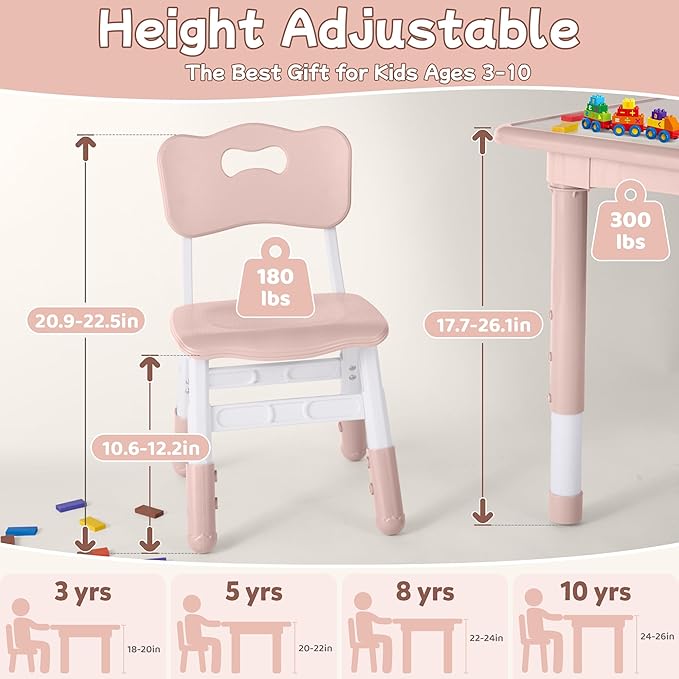 Toddler Table and Chair Set, Height Adjustable-Upgrade Kids Table and 2 Chairs for Ages 3-8, Multi-Activity Toddler Play Table with Graffiti Desktop for Home/Daycare/Classroom
