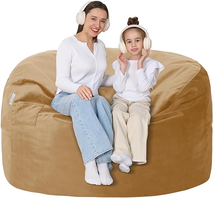 4FT Bean Bag Chair with Ultra Soft Velvet Cover Bean Bag Sofa with Memory Foam Bean Bag Chairs with Large Size Lazy Sofa for Dorm Office Living Room Bedroom Camel 4'
