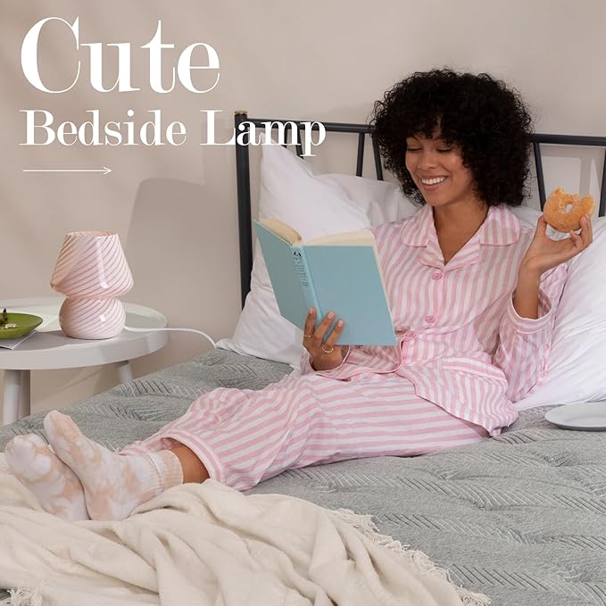 ONEWISH Mushroom Lamp-Small Bedside Table Lamp with Striped Glass, Nightstand Lamp for Bedroom, Living Room, Cafe, Bulb Included, Home Decor for Girls Women, Pink