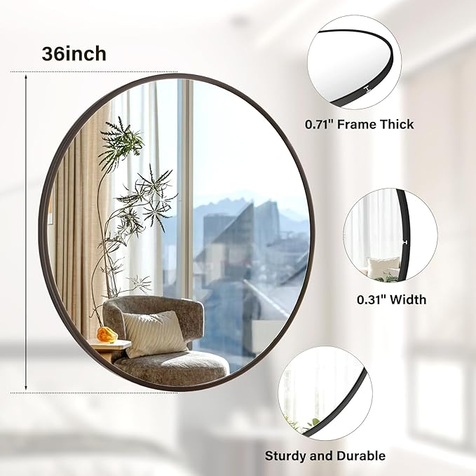 36 Inch Round Mirror - Circle Mirrors for Bathroom, Entryway and Living Room Wall Decor, Modern Hanging Vanity Mirror, Matte Black Circle Decorative Wall Mirror