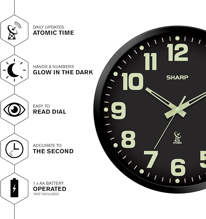 Sharp Glow in The Dark Atomic Analog Wall Clock - 12" Clock with Black Frame - Sets Automatically - Battery Operated - Easy to Read - Easy to Use – See Day or Night!