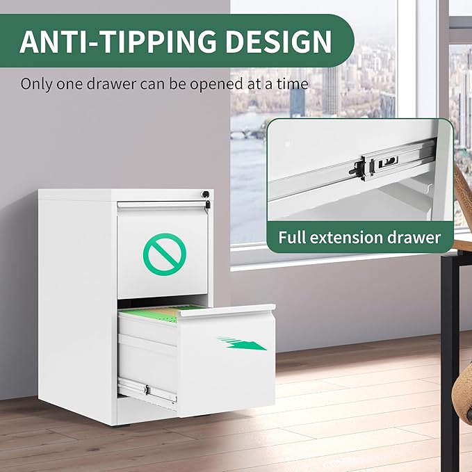 File Cabinet, Vertical File Cabinets with Lock for Home Office,Heavy Duty Office Steel Filing Cabinet for Hanging Letters/Legal/A4, Assembly Required (White, 2 Drawers)